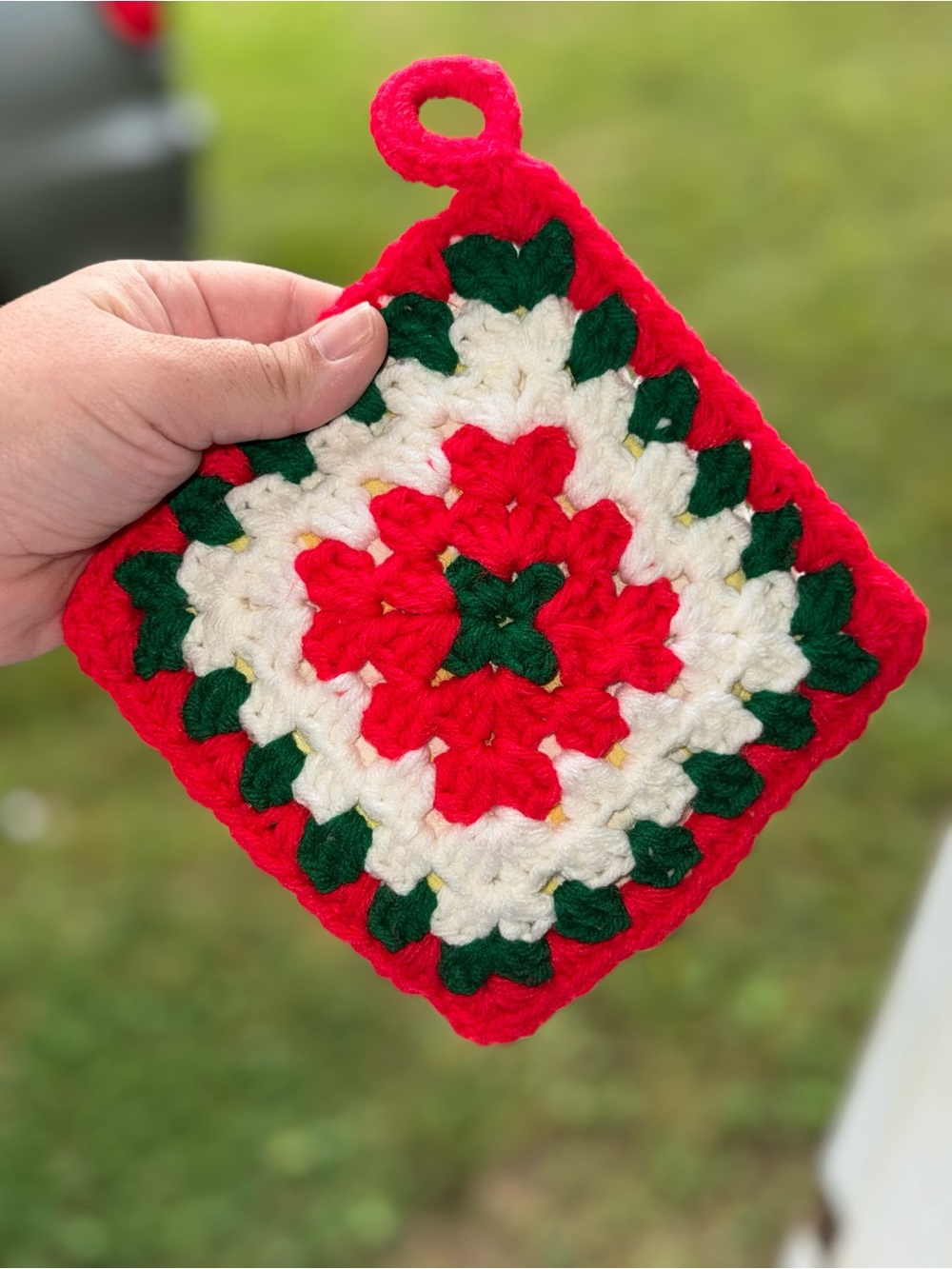 Handmade Crochet Holiday Potholder - Red, White & Green